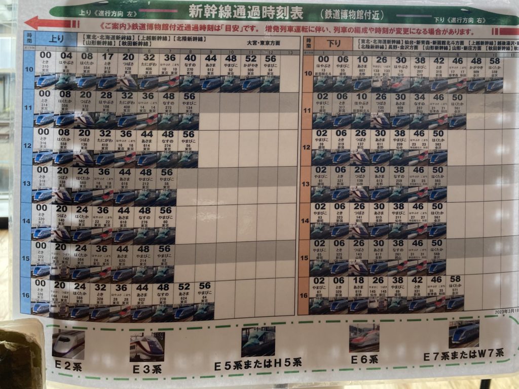 ビューレストランの新幹線通過時刻表